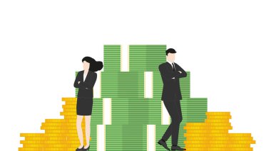 İş adamı ve iş kadını, bir yığın para ve banknotun önünde güvenle duruyorlar. Satış hedefleri, zenginlik yaratımı, finansal liderlik ve ekonomik başarı elde etmek için takım çalışması gücü kavramları