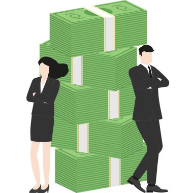 İş adamı ve iş kadını bir yığın banknotun önünde güvenle duruyorlar. Satış kavramları, hedefe ulaşmak, zenginlik yaratmak, finansal liderlik ve ekonomik başarı elde etmek için takım çalışmasının gücü
