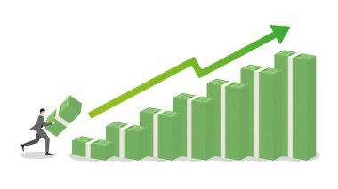 Banknotları elinde tutan bir işadamı, yeşil çizelgeyle bir yığın para tablosuna koşuyor. Boğa Ekonomisine yatırım, ekonomik başarı, mali yönetim, sermaye piyasası performansı ve kâr