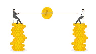 İşadamları madeni para yığınının üzerinde durur, para için halat çeker, bir dolar kapar. Ticari rekabet, piyasa payı için stratejik finans şirketi, ekonomik büyüme ve mali başarı sorunu