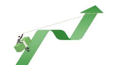Bir iş adamı banknotları tutar ve yükselen yeşil okta bir ipe tırmanır. Hırs, finansal başarı ve iş büyümesi. Kariyer hedefi hedefine ulaşma çabası ve yatırım başarısı