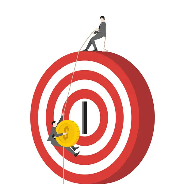 stock vector A businessman holds coin for operate invesment and climbs up a rope to target with team helping. Ambition, financial success, and business teamwork. The reaching a goal, opportunity, and investment