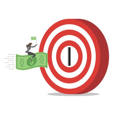 Bir iş kadını banknota biniyor ve elinde bir bayrak tutuyor. İşletme hedefinde bozuk para deliğine gidiyor. Ekonomik ilerleme, Hırs, Finansal Hedef, Yatırım, Yükseltme, Servet Yönetimi ve Kariyer Fırsatı