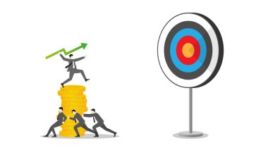 Bir iş adamı para yığınına mızrak gibi yeşil ok atar. Finansal başarı takım çalışması, hedef alma hırsı, yatırım stratejisi, iş performansı ve kariyer fırsatı