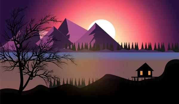 Lake and mountain sunset landscape illustrate wild natural background.