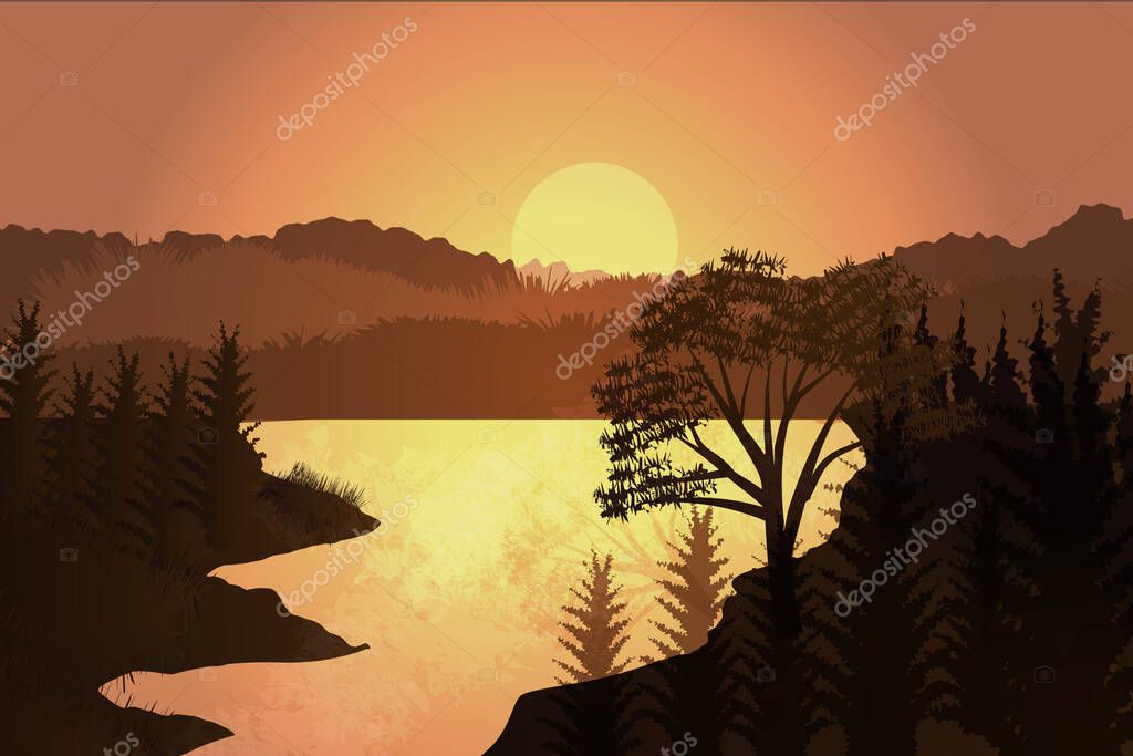 Silhouette of sunset with a lake in the background illustration. Lake and mountain with moon landscape illustration wild natural background