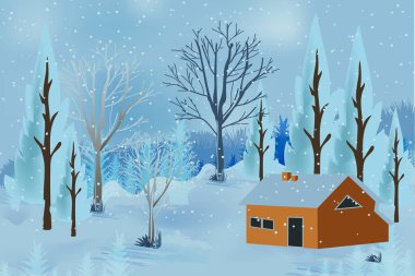 Kış dağlarının manzarasında evler ve vektör zemin üzerinde ağaçlar ve gökten düşen kar taneleri var. Karikatür kış manzarası soğuk hava ve köy ormanı, karlı tepeler ve araziler