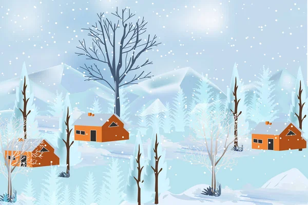 Winter mountains landscape with houses and tree on vector background with snowflakes falling from sky. Cartoon winter scenery of cold weather and village forest, snowy hills and fields