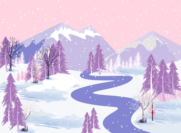 Winter mountains landscape with mountains and tree on vector background with snowflakes falling from sky. Cartoon winter scenery of cold weather and village forest, snowy hills and fields