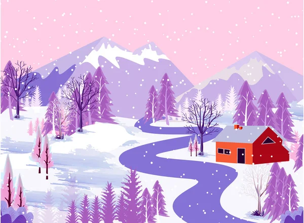 Winter mountains landscape with houses and tree on vector background with snowflakes falling from sky. Cartoon winter scenery of cold weather and village forest, snowy hills and fields
