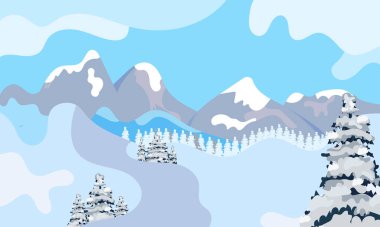 Kış manzarası illüstrasyonu, dağ sanatı ile kış gökyüzü 