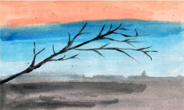 Arka planda gökyüzü olan bir ağaç dalının resmini yönlendir. Modern vektör suluboya arka plan. renkli arkaplan 