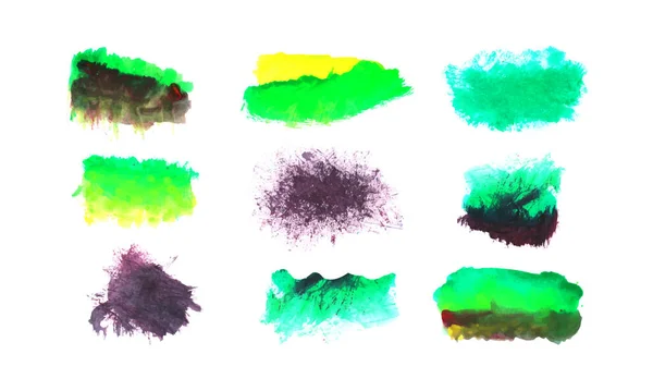 矢量一组绿色和紫色的油漆刷污迹 水彩刷套 — 图库矢量图片
