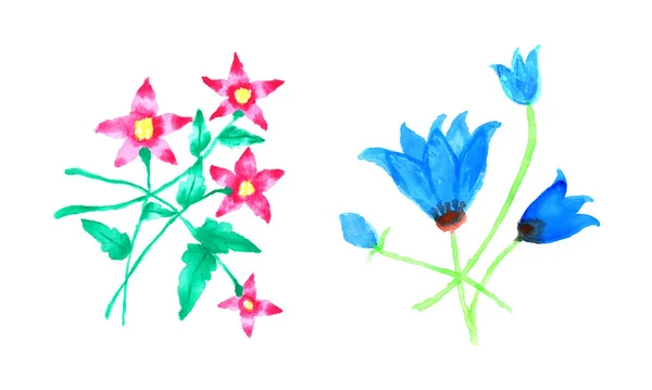 Dibujo Flores Rosadas Flores Azules Acuarela Pintura Rosa Vector Ilustración — Vector de stock