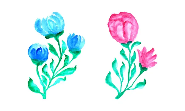 Yeşil Yapraklı Pembe Bir Çiçek Mavi Bir Çiçek Suluboya Çiçek — Stok Vektör