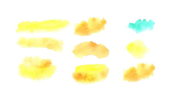 カラフルな水彩絵具の汚れのセット 白い背景に抽象的な黄色の水彩画の水スプラッシュのセット — ストックベクタ