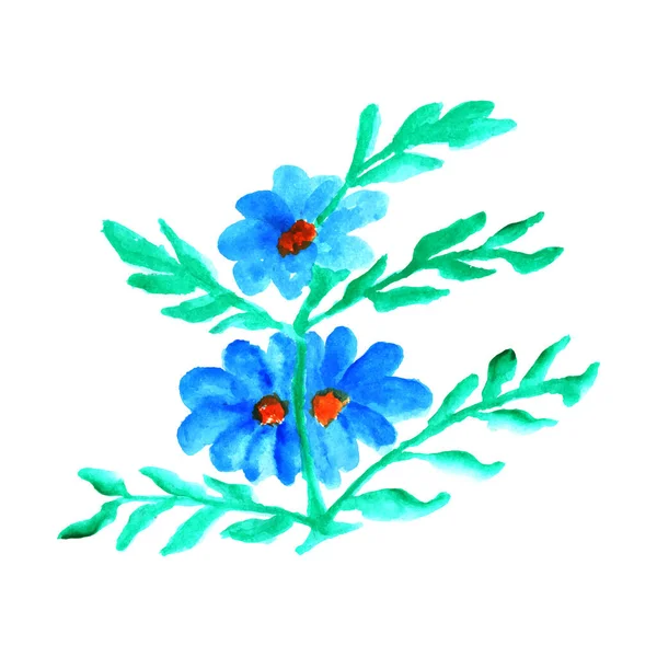 白い背景に緑の葉を持つ青い花の水彩画 水彩の花のデザイン — ストックベクタ
