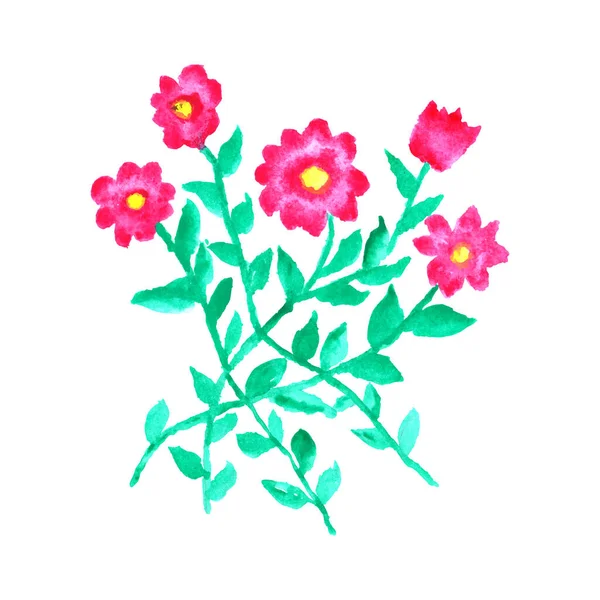 Pintura Aquarela Uma Flor Rosa Com Folhas Verdes Desenho Flor — Vetor de Stock