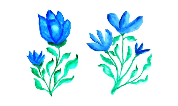 白い背景に2つの青い花 緑の葉を持つ青い花の水彩画 カラフルな水彩の花のデザイン — ストックベクタ