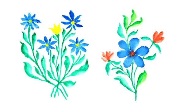 白い背景に2つの青い花 緑の葉を持つ青い花の水彩画 カラフルな水彩の花のデザイン — ストックベクタ