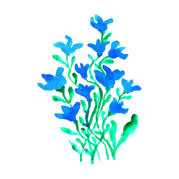 Uma Pintura Aquarela Flores Azuis Com Folhas Verdes Projeto Colorido —  Vetores de Stock