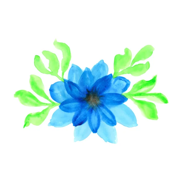緑の葉を持つ青い花の水彩画 カラフルな水彩の花のデザイン 水彩の花のイラスト — ストックベクタ