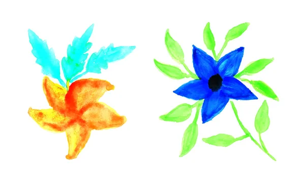 緑の葉を持つ水彩画の花 水彩の花のデザイン カラフルな水彩の花のデザイン — ストックベクタ
