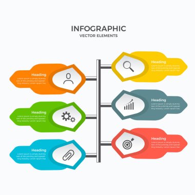 6 aşamalı iş bilgi grafikleri şablonu. Bilgi grafikleri için elementler. Modern renkli bilgi adımları. sunum ve grafik