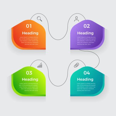 Simgeli ve 4 seçenekli renkli şablon tasarımlı iş bilgileri. Dört Adımlı bilgi tasarım şablonu 