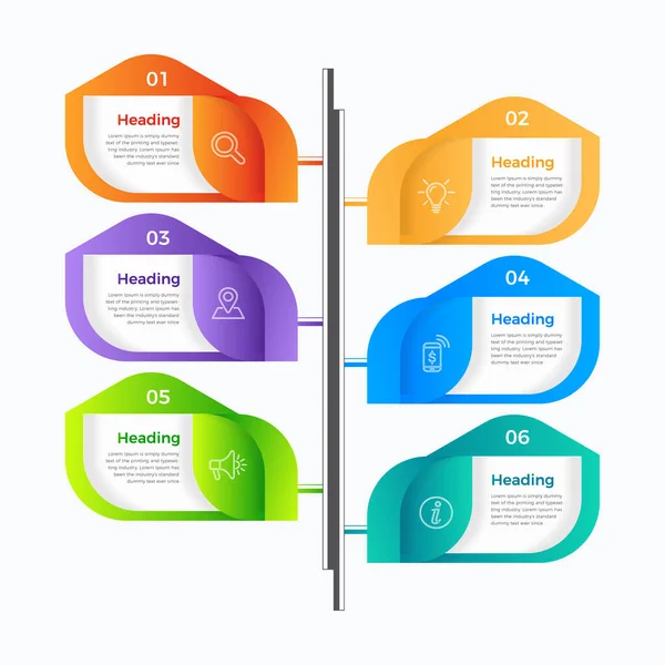 6 aşamalı iş bilgi grafikleri şablonu. Modern renkli bilgi adımları. Sunum ve grafik. Bilgi grafikleri için elementler
