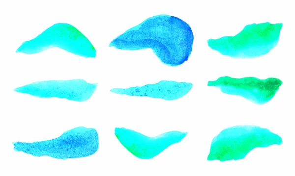Σύνολο Από Μπλε Φύλλα Ακουαρέλας Χέρι Πινελιά Σετ Από Φύλλα — Διανυσματικό Αρχείο