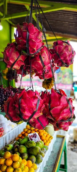 Meyve Dükkanında Asılı Duran Tropikal Bir Meyvenin Portresi Meyveye Ejderha — Stok fotoğraf