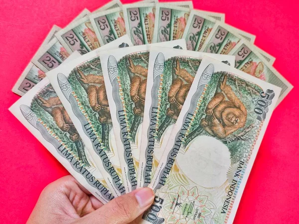 Bir adam 1992 'de çıkarılan eski Endonezya Rupi' si 500 bin rupi 'lik banknotları ve eski Endonezya Rp.25 bin rupilik banknotları tutuyor. Kırmızı arkaplanda izole edilmiş eski rupiah para birimi kavramı