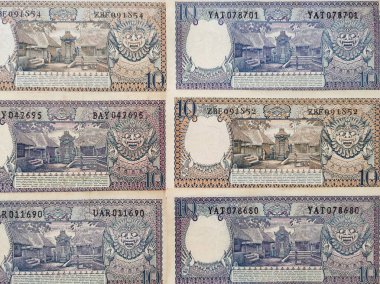 Eski Endonezya banknotlarının portresi Rp.10.00 rupiah 1963 'te basıldı. Eski rupiah para birimi kavramsal, üst görünüm