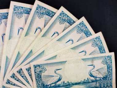 Eski Endonezya banknotlarının üst görüntüsü Rp.25 rupiah 1959 'da yayınlandı. Eski rupiah para birimi kavramı siyah arka planda izole
