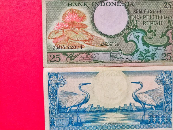 Vista Cerca Moneda Indonesia Rp25 Rupias Emitidas 1959 Billetes Rupias — Foto de Stock