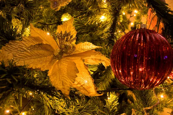 Noel ağacı ve ışıklarında Noel süslemeleri