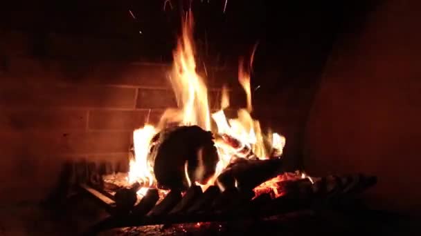 Burning Firewood Cold Night Big Fireplace — Stock Video