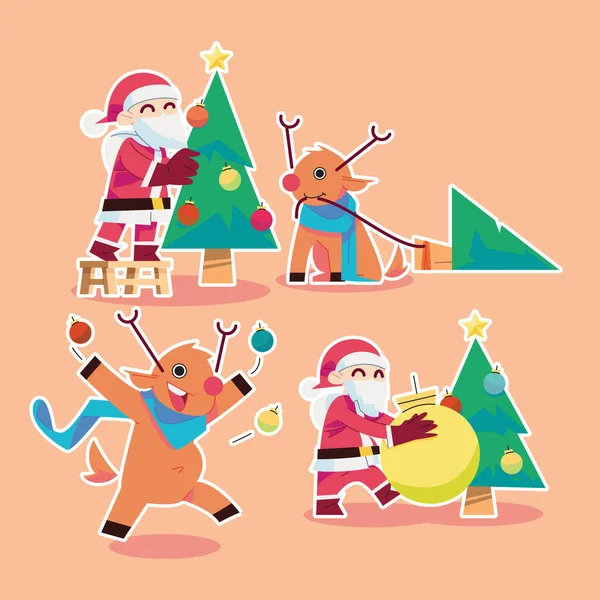 Плоский Разноцветный Санта Клаус Олень Украшают Елку Плоском Дизайне — стоковый вектор