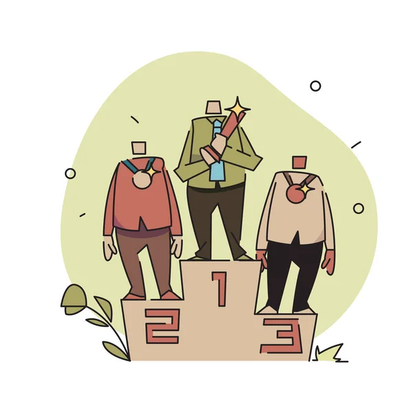 Uma Ilustração Vetorial Plana Três Personagens Pódio Cada Com Uma —  Vetores de Stock