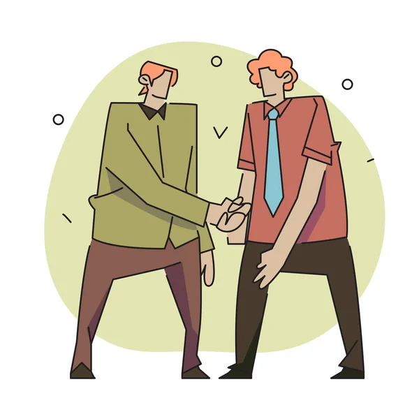 Flat Vector Illustration Two Characters Shaking Hands Confetti Background Characters — Stok Vektör