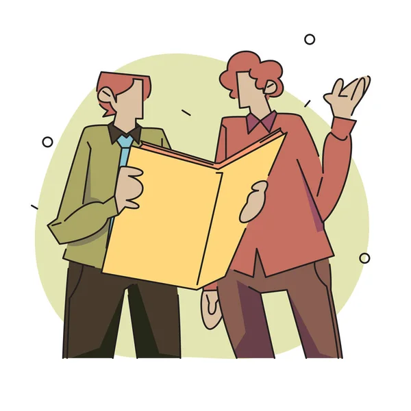 Flat Vector Illustration Two Characters Discussing Exchanging Ideas While Holding — Stockvektor