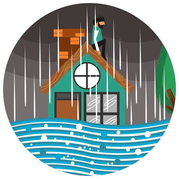 Člověk Unikne Střechu Domu Kvůli Ilustraci Vektoru Povodně — Stockový vektor