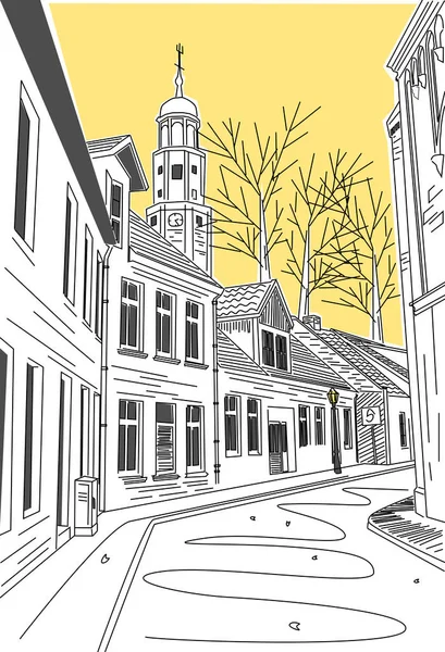 Town Street eskiz stili. Vektör çizimi. Küçük Avrupa kasabası. Almanya. Şehir manzarası arkaplanı