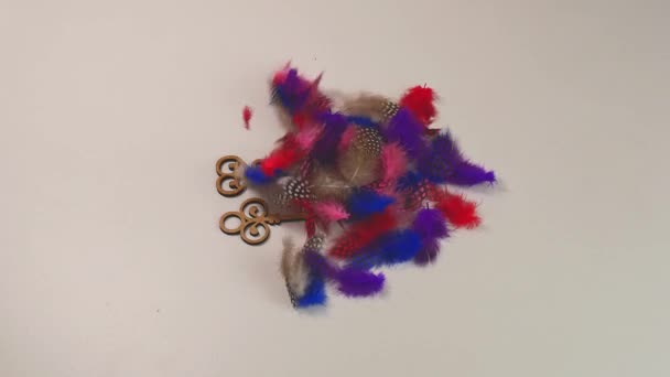 Multicolored Feathers Slowly Fly Away Flying Feathers Unlock Keys Hearts — Stock Video