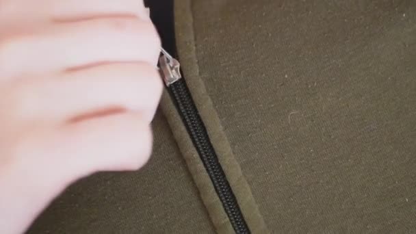 Close Zipping Macro Shot Zipper Everyday Task Dramatic Look Cinematic — Stock Video