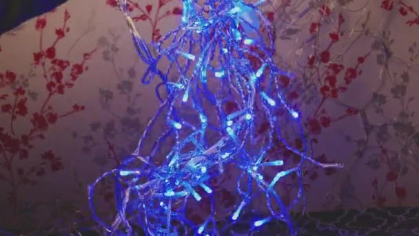 Male Hands Trying Prepare Xmas Unravel Tangled Glowing Lights Decorative — Stock Video
