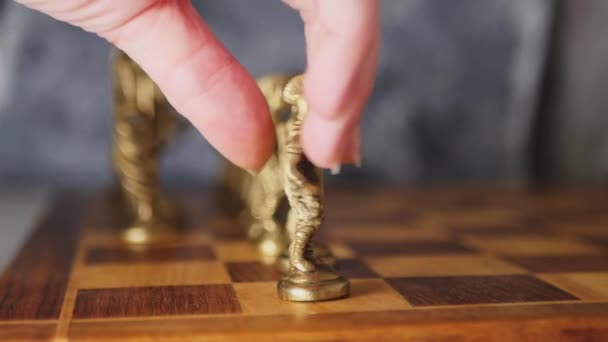 Μια Γυναίκα Χέρι Παρατάσσει Κομμάτια Μια Σκακιέρα Αργή Κίνηση Αισθητική — Αρχείο Βίντεο
