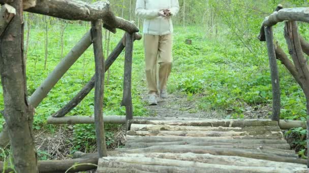 Woman Throws Out Garbage While Walking Wooden Bridge Pollution Nature — Stock Video