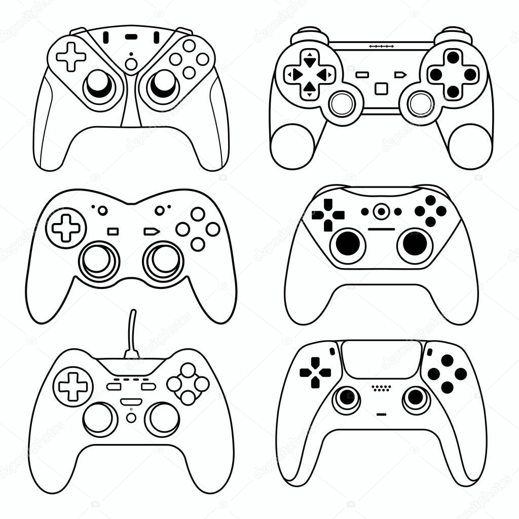 Game controller silhouette outline, Game console controllers collection set